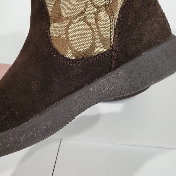 Coach Tinah Brown Leather "C" Logo Pattern Canvas Mid Calf Pull On Boots Size 5B - Picture 12 of 16